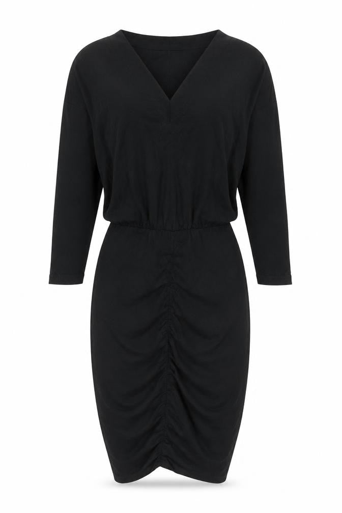 Hush Womens Black XS Bodycon Knee Length Ruched V-Neck Dress