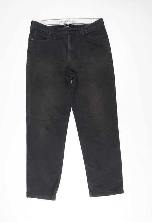 Lands' End Men’s Black Chino Trousers Size 35 Straight Fit Cotton