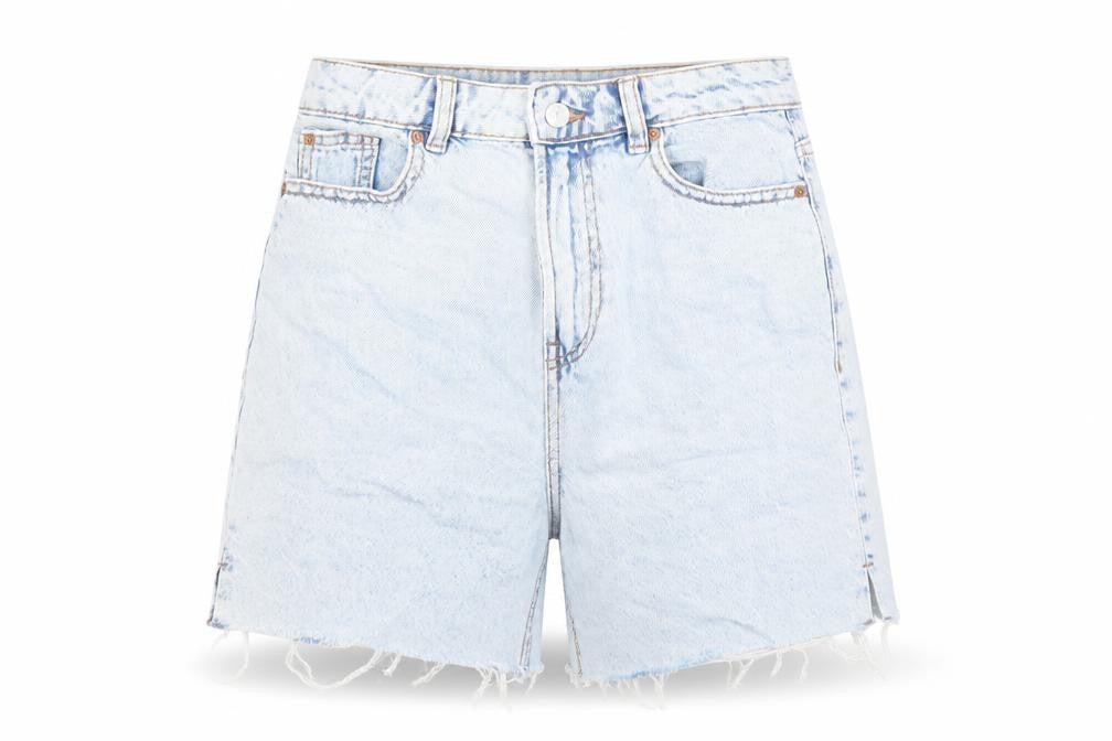 Front view of Denim Co. women’s blue, size UK 8, high rise cut off denim shorts