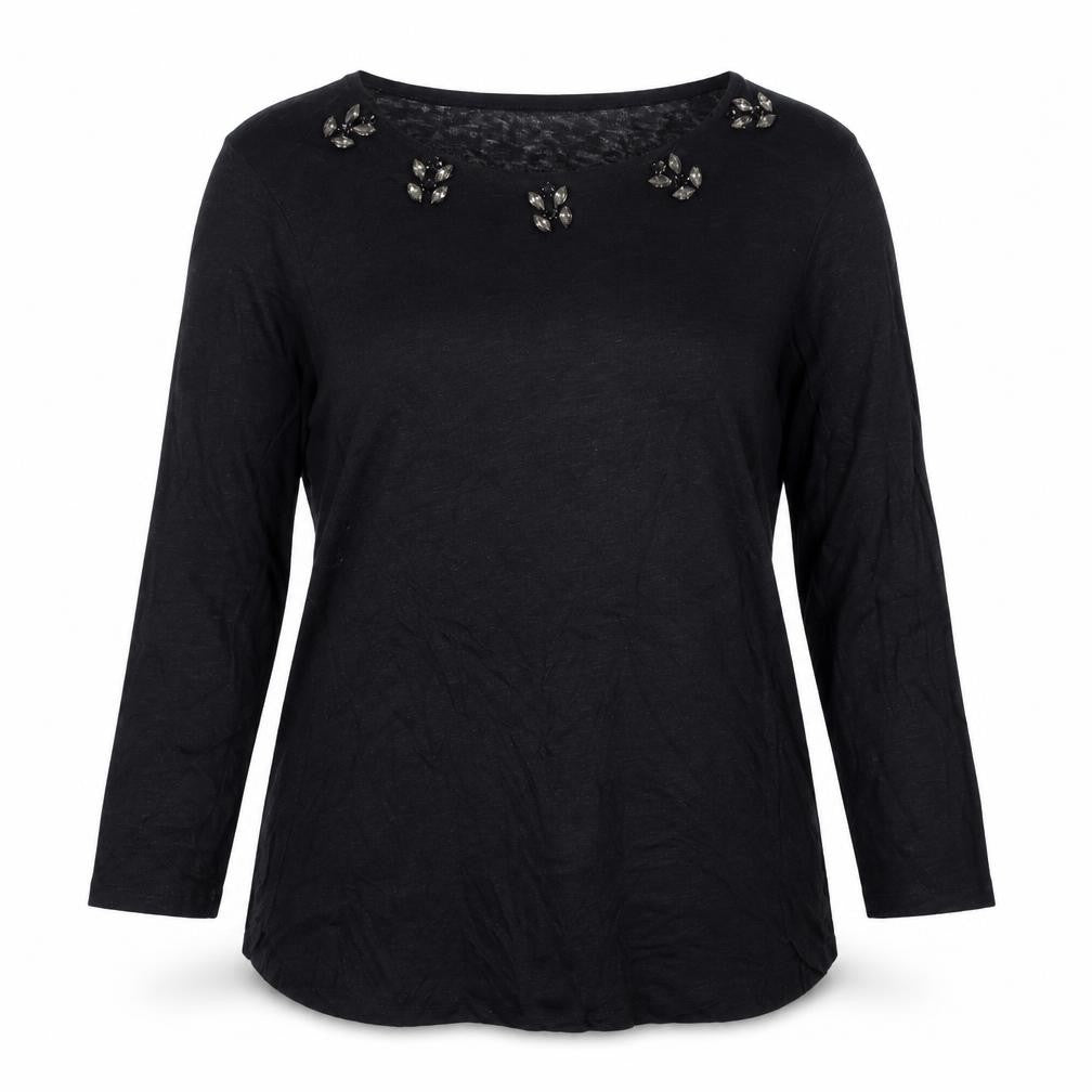 Zara Women Black Beaded Crew Neck Long Sleeve Cotton T-Shirt Size M