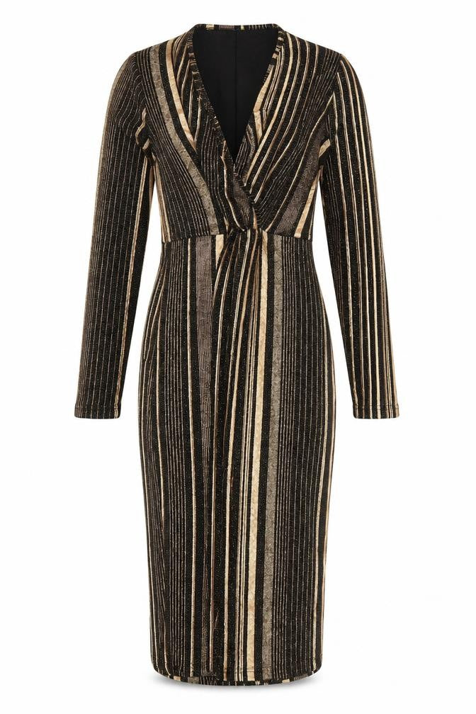 Blue Vanilla Womens Black Gold Striped Bodycon Knee Length Dress Size 10