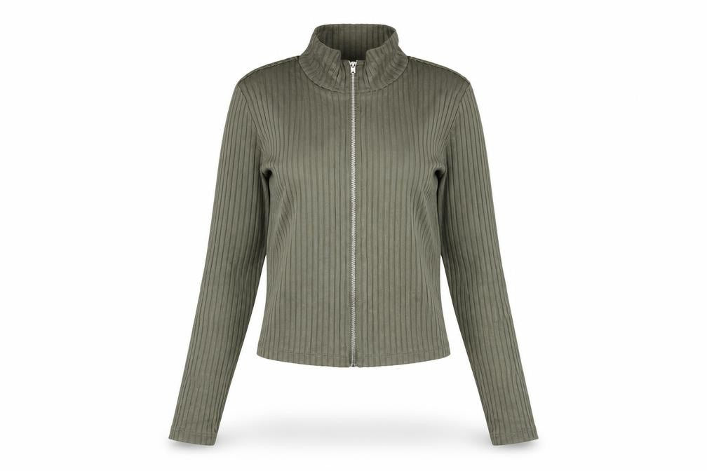 H&M Divided Women Green Slim Fit Ribbed Long Sleeve Zip Top S