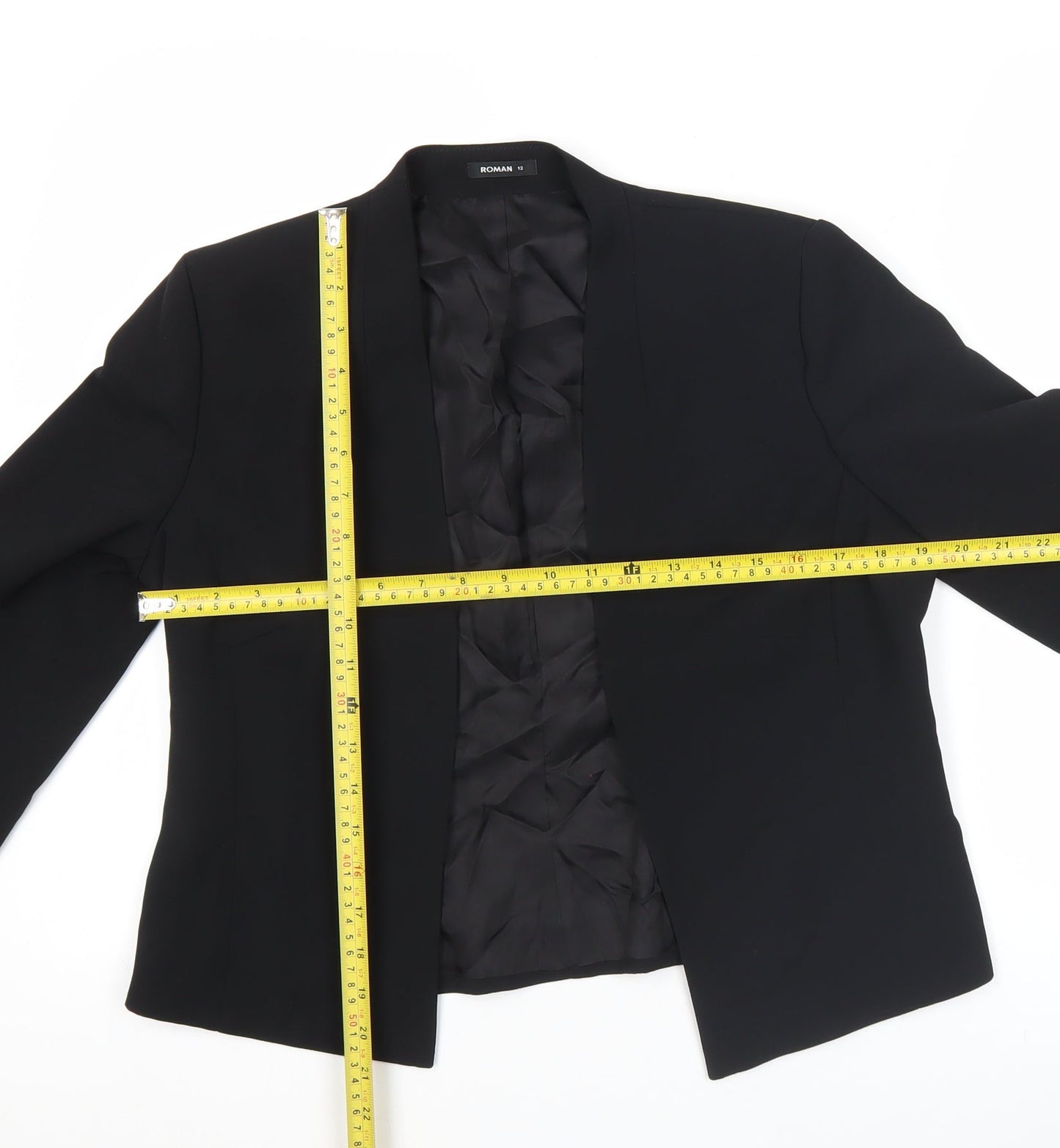 Roman Women Black Blazer Size 12 Tailored Shawl Collar Jacket
