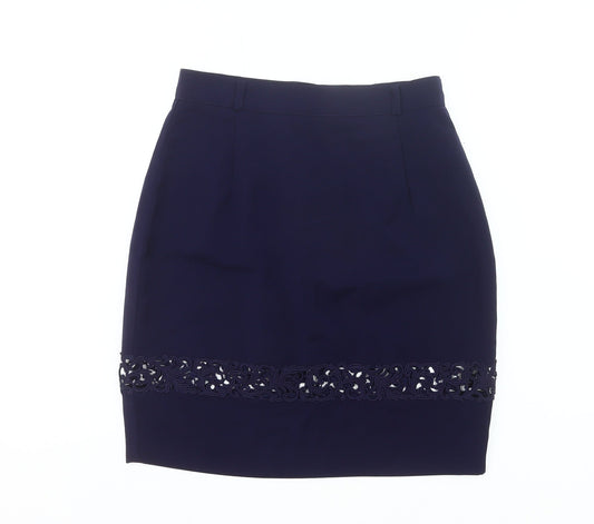 Wallis Women’s Blue Size 12 Pencil Skirt Knee Length Embroidered Workwear