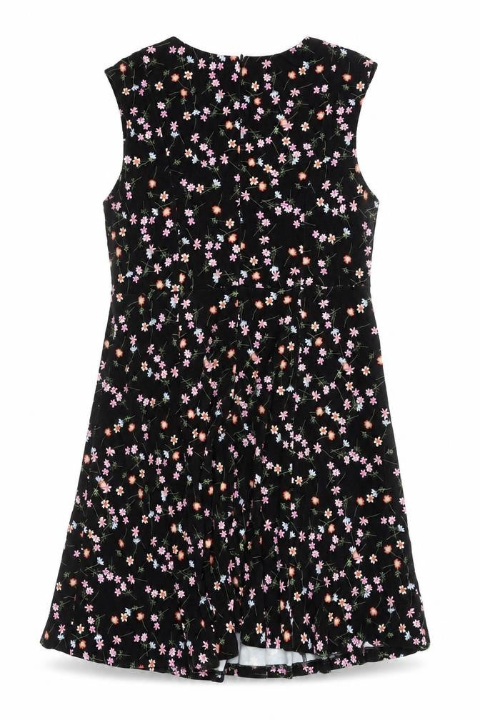 Front view of French Connection Women’s Black Floral Fit & Flare Sleeveless Dress, size UK 12
