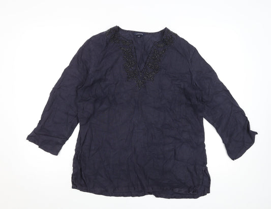 Lands' End Women’s Blue Linen Tunic Blouse Size 6 Beaded V-Neck