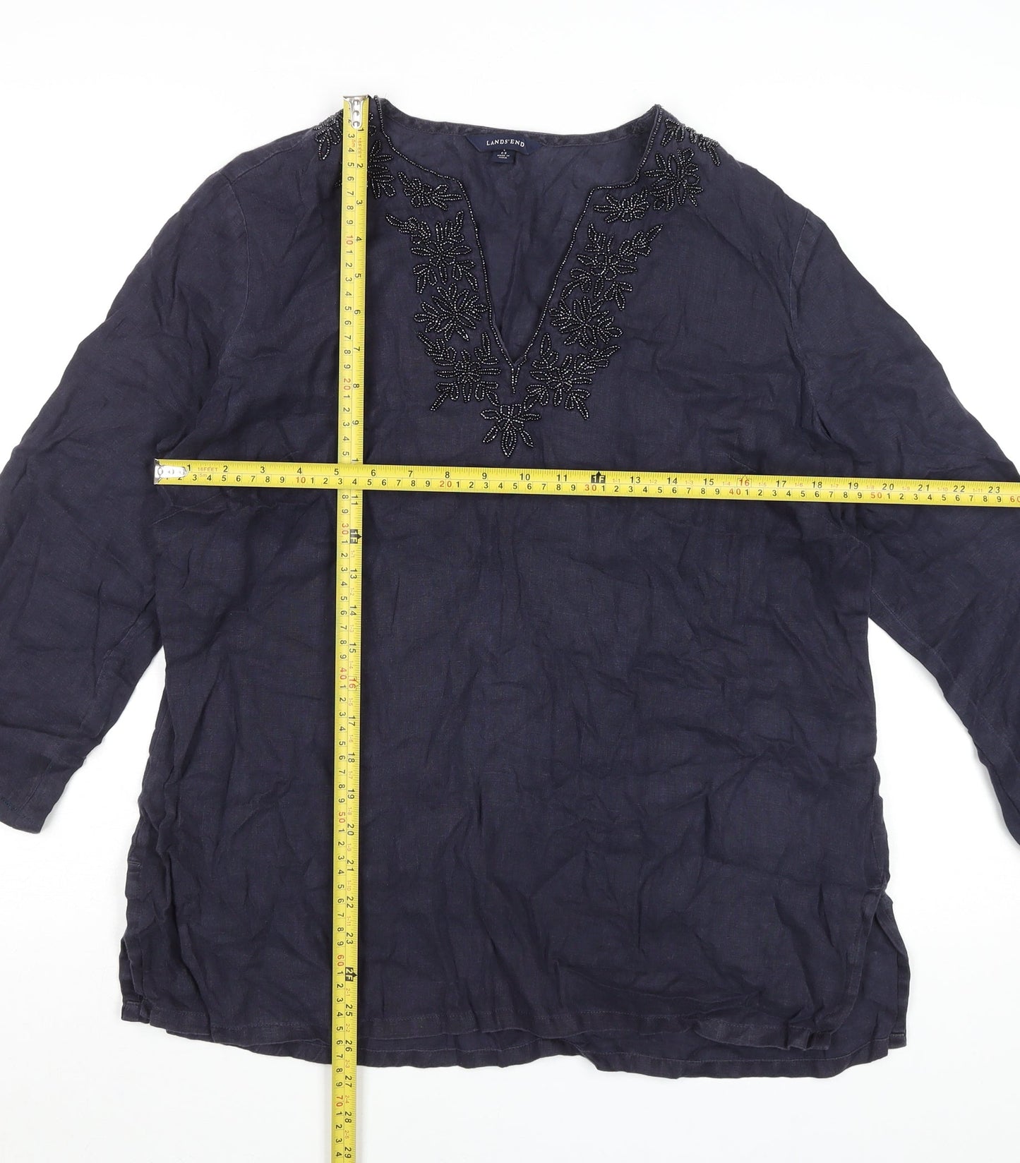 Lands' End Women’s Blue Linen Tunic Blouse Size 6 Beaded V-Neck