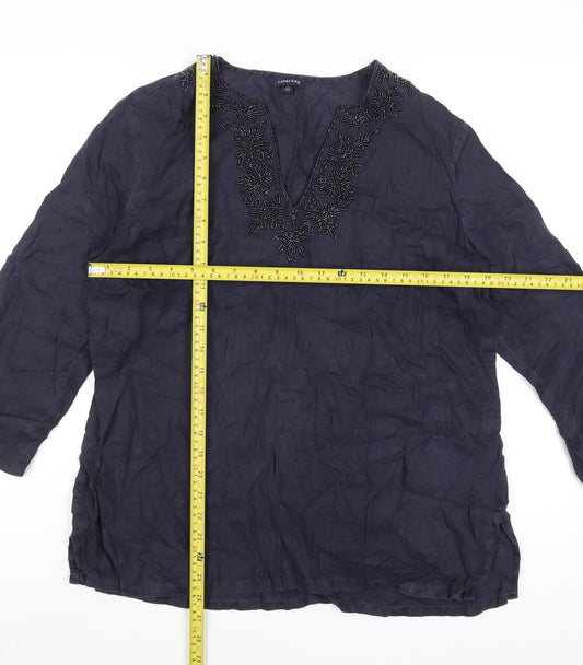 Lands' End Women’s Blue Linen Tunic Blouse Size 6 Beaded V-Neck