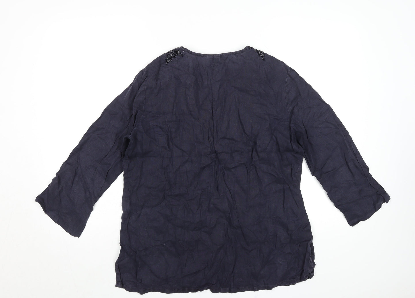 Lands' End Women’s Blue Linen Tunic Blouse Size 6 Beaded V-Neck