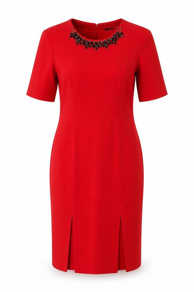 Front view of ASOS Women Red Beaded Neck Sheath Dress, size 10, Half Sleeve Knee Length