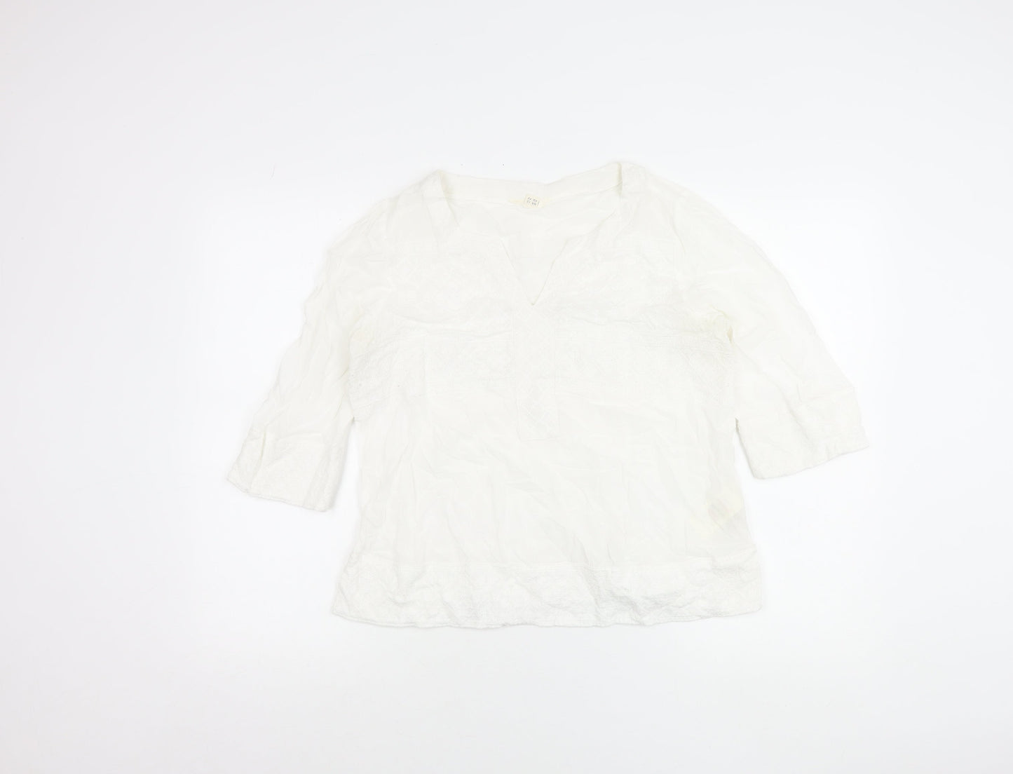 White Stuff Women’s White Embroidered Tunic Blouse UK 12 V-Neck 3/4 Sleeve
