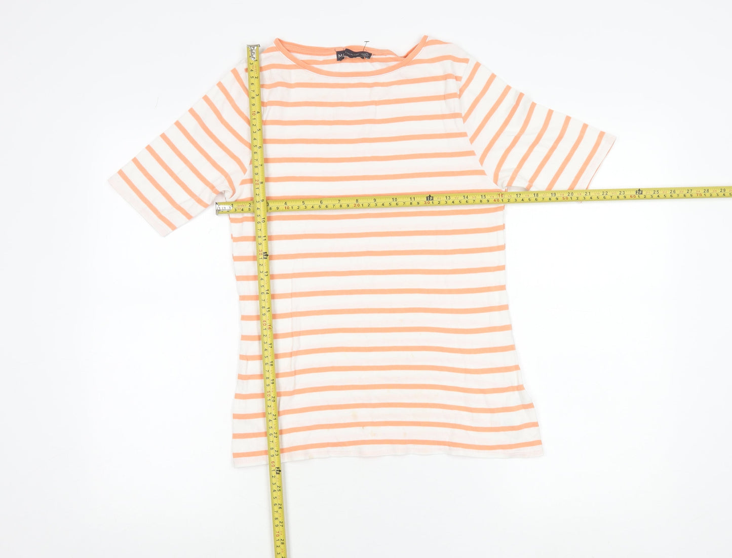 Marks and Spencer Womens Orange White Striped Cotton Boat Neck T-Shirt Size 12