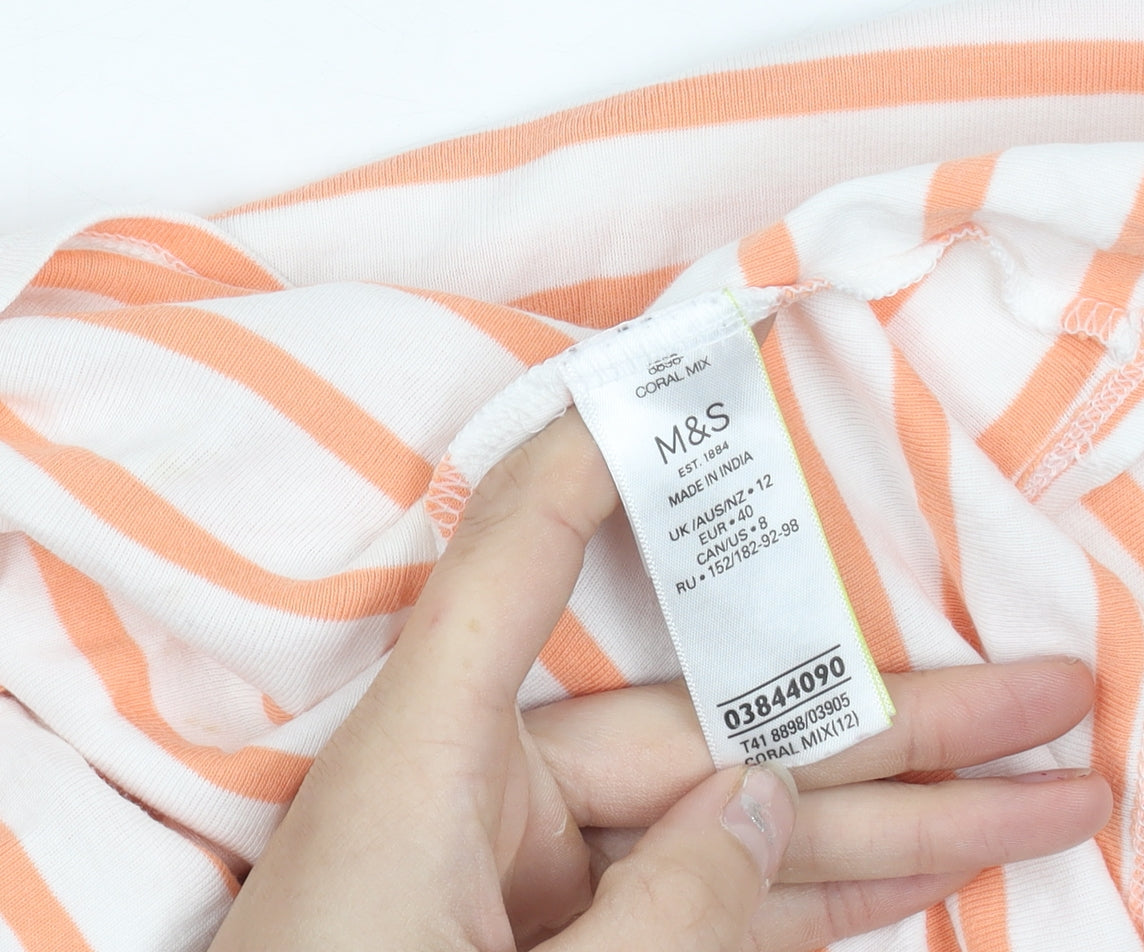 Marks and Spencer Womens Orange White Striped Cotton Boat Neck T-Shirt Size 12