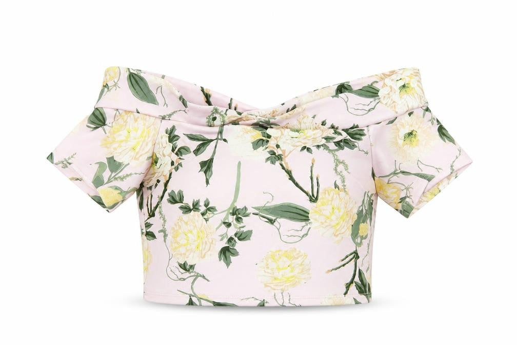 Front view of Miss Selfridge Women’s Pink Floral Off Shoulder Cropped Blouse UK 10