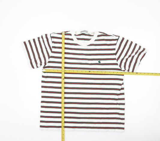 Carhartt Men’s L White Green Red Striped Crew Neck Cotton T-Shirt