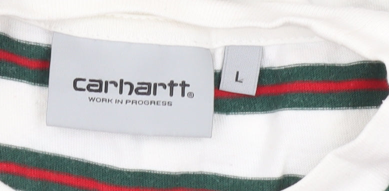 Carhartt Men’s L White Green Red Striped Crew Neck Cotton T-Shirt