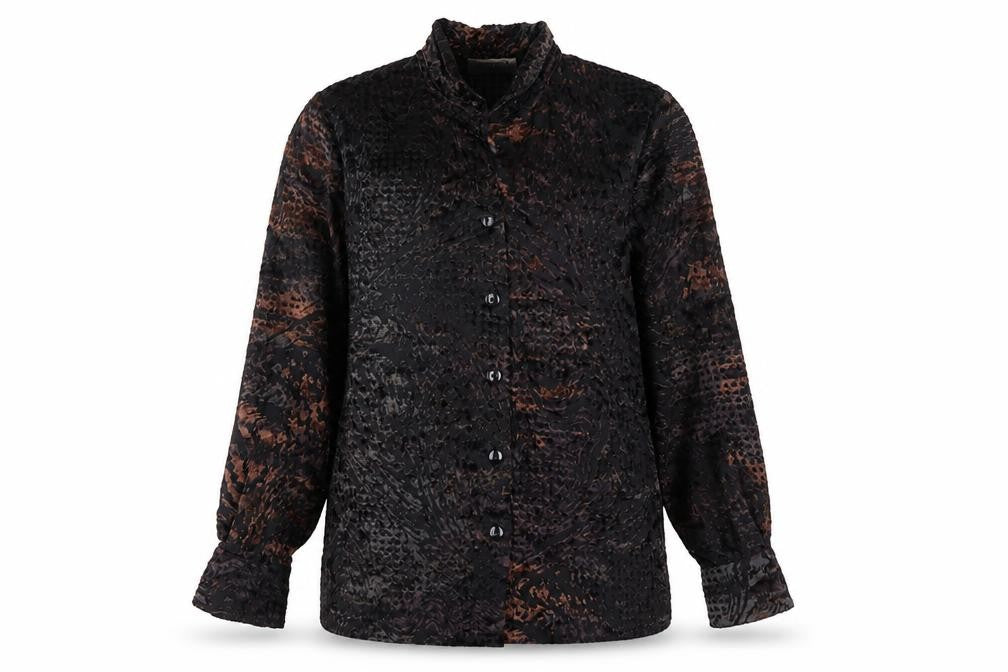 Doris Streich Womens Black 14 Button-Up Velvet Animal Print Blouse Top