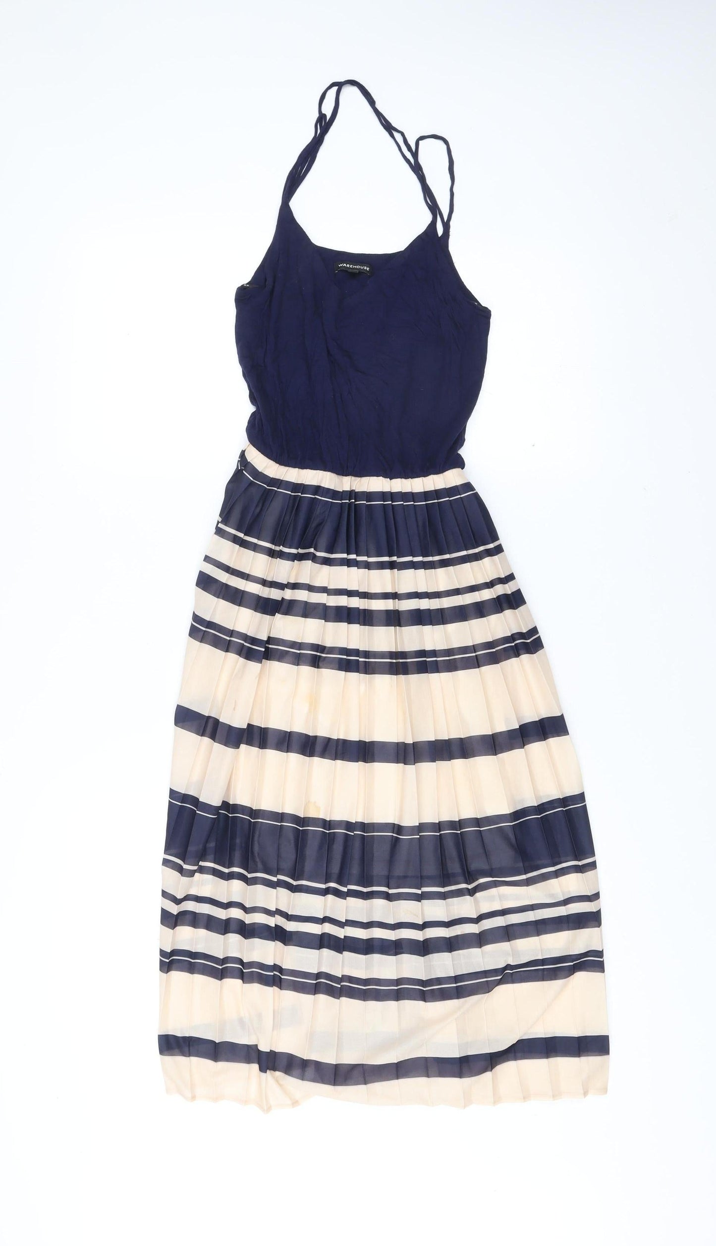 Warehouse Women’s Blue Beige Striped Midi Fit & Flare Dress Size 6
