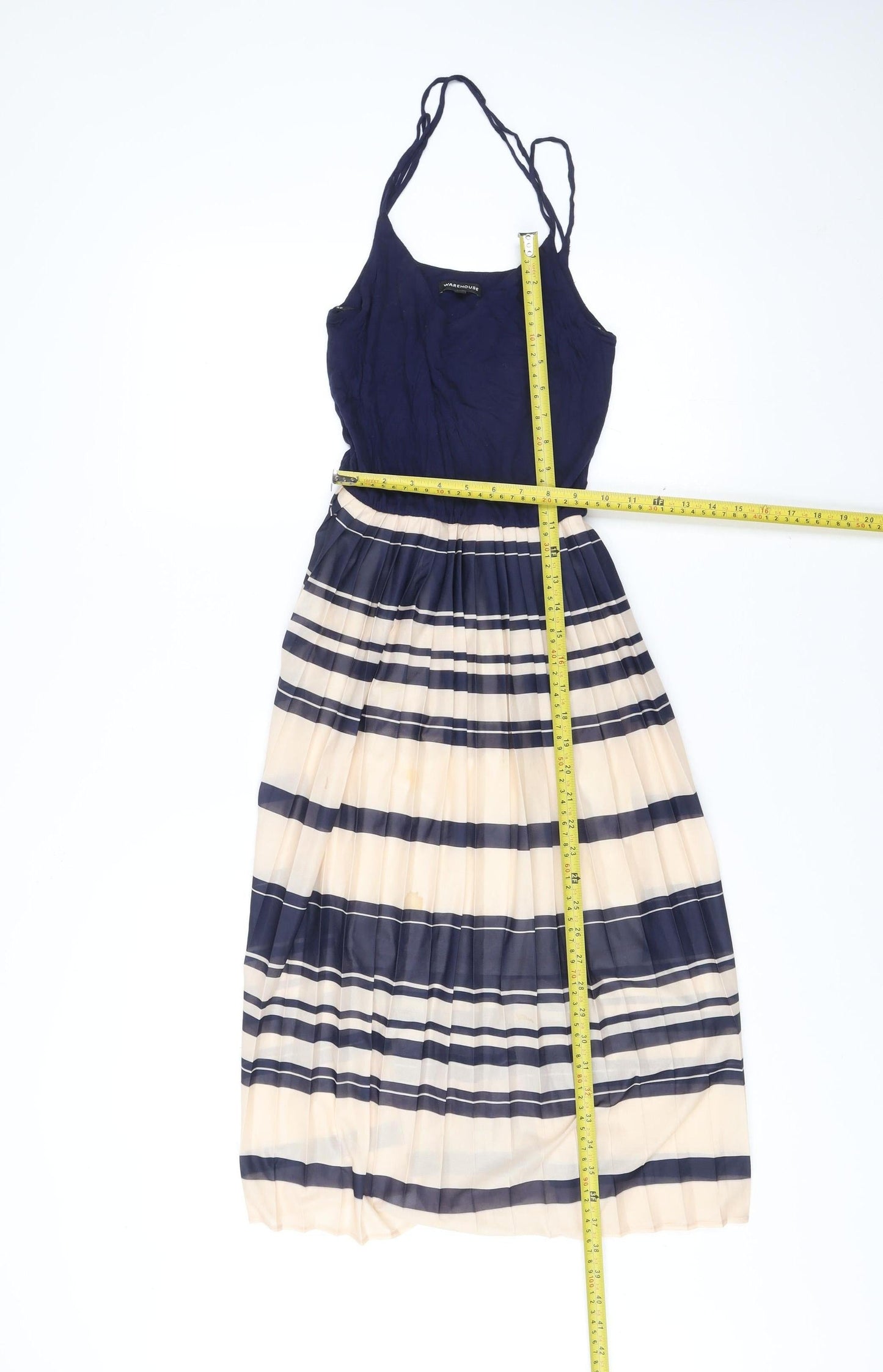 Warehouse Women’s Blue Beige Striped Midi Fit & Flare Dress Size 6