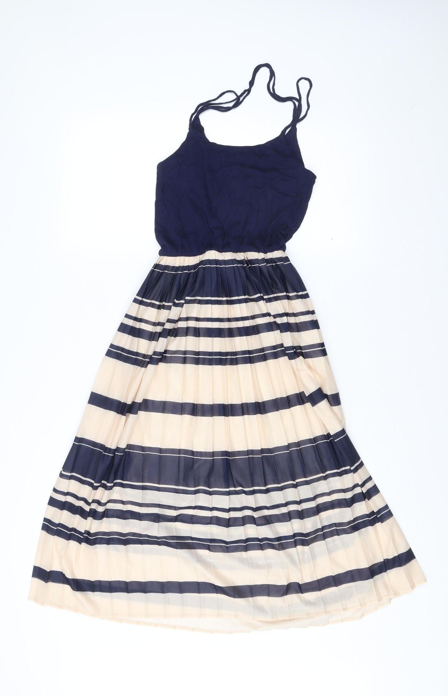 Warehouse Women’s Blue Beige Striped Midi Fit & Flare Dress Size 6