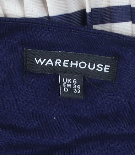 Warehouse Women’s Blue Beige Striped Midi Fit & Flare Dress Size 6