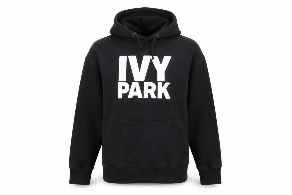 Front view of IVY PARK Men’s Black Pullover Hoodie Small Logo Graphic Hooded Sweatshirt