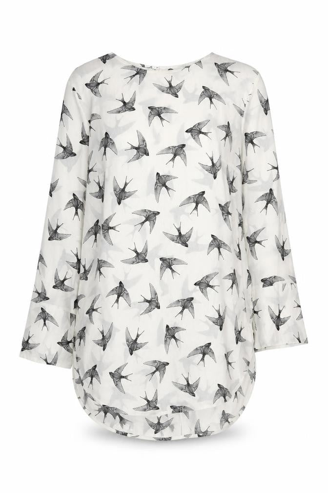 H&M Womens White Bird Print Shift Dress Size 10 Long Sleeve