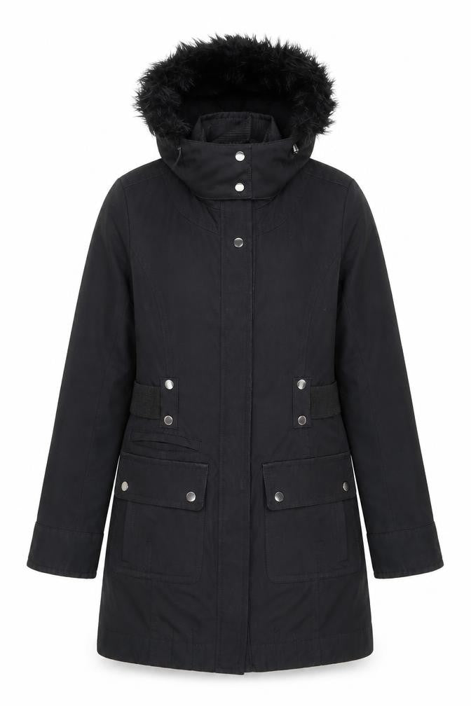 Principles Women’s Black Parka Coat Size 8 Faux Fur Hood Winter Jacket