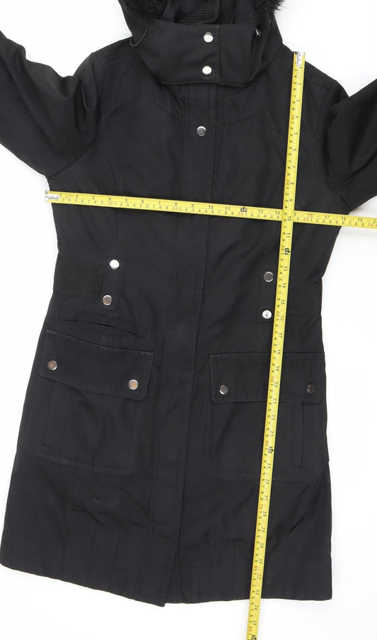 Principles Women’s Black Parka Coat Size 8 Faux Fur Hood Winter Jacket