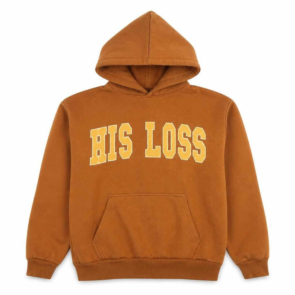 The Girls Bathroom Women’s Brown Hoodie M His Loss Slogan Pullover