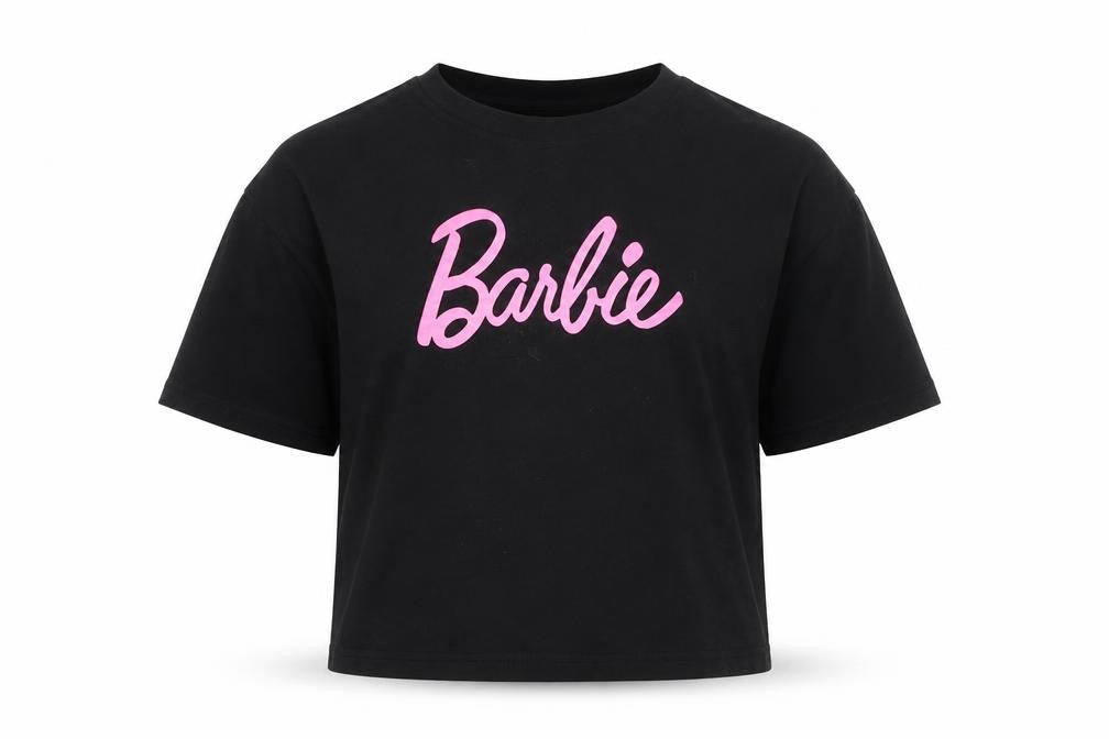 Front view of H&M girls’ black barbie cropped t-shirt 11-12y cotton casual summer
