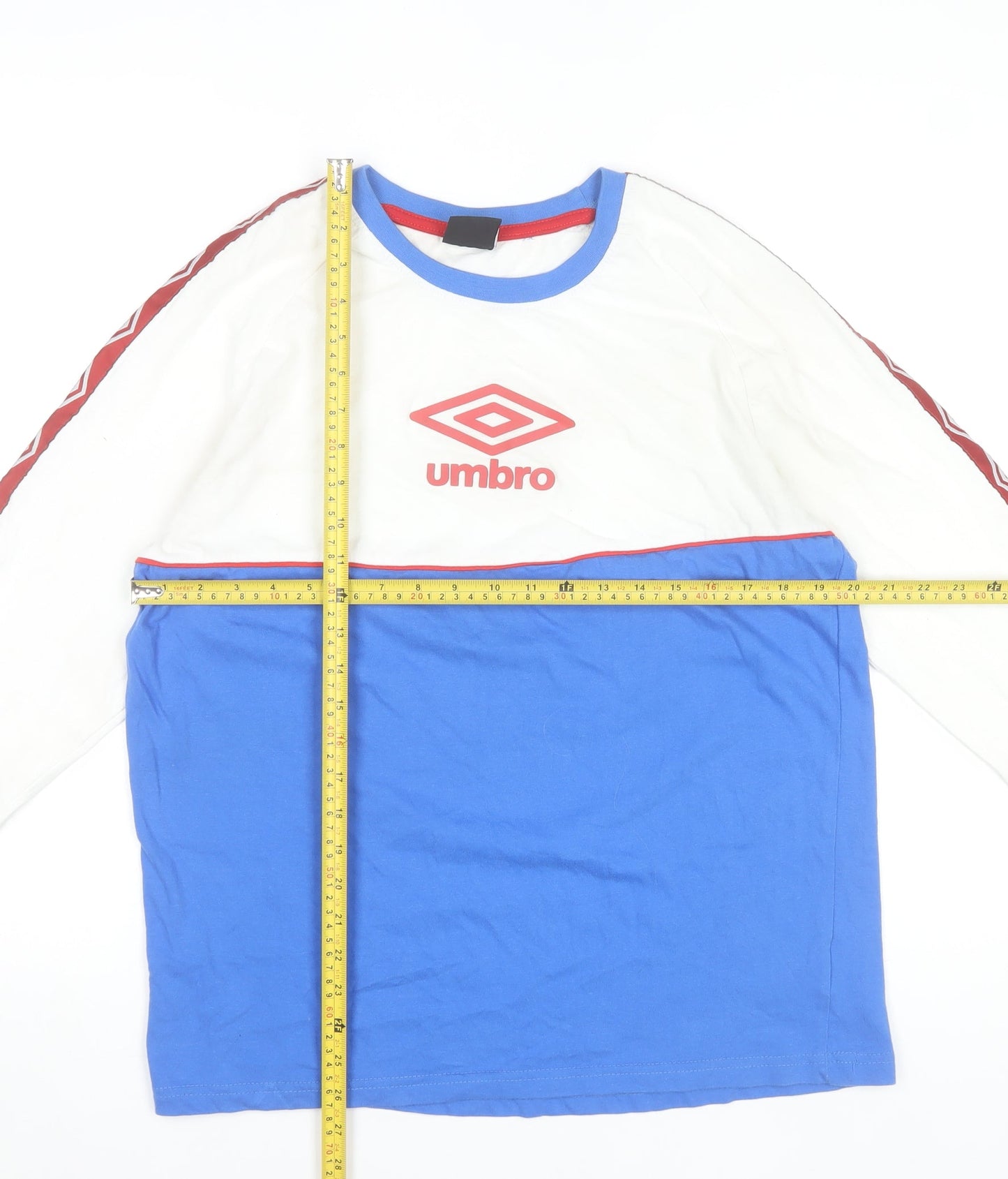 Umbro Men’s White Blue Red Long Sleeve Crew Neck Retro Sports T-Shirt M