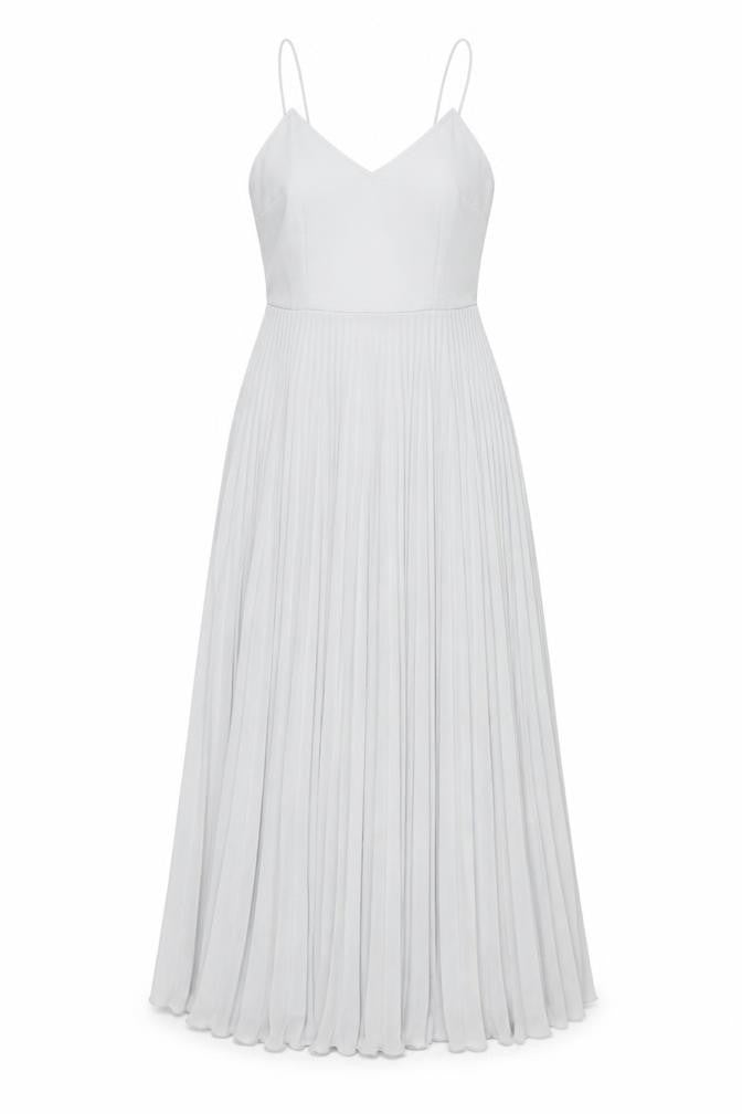 Front view of ASOS Women’s Grey, size UK 8, Midi Pleated Slip Dress V-Neck