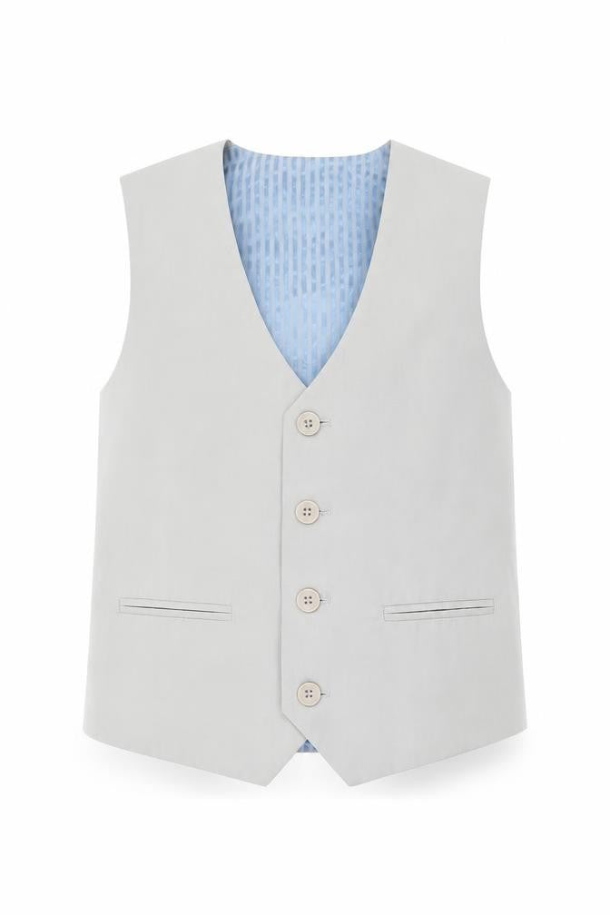 Front view of Paisley London boys’ beige waistcoat 4 years formal wedding suit vest