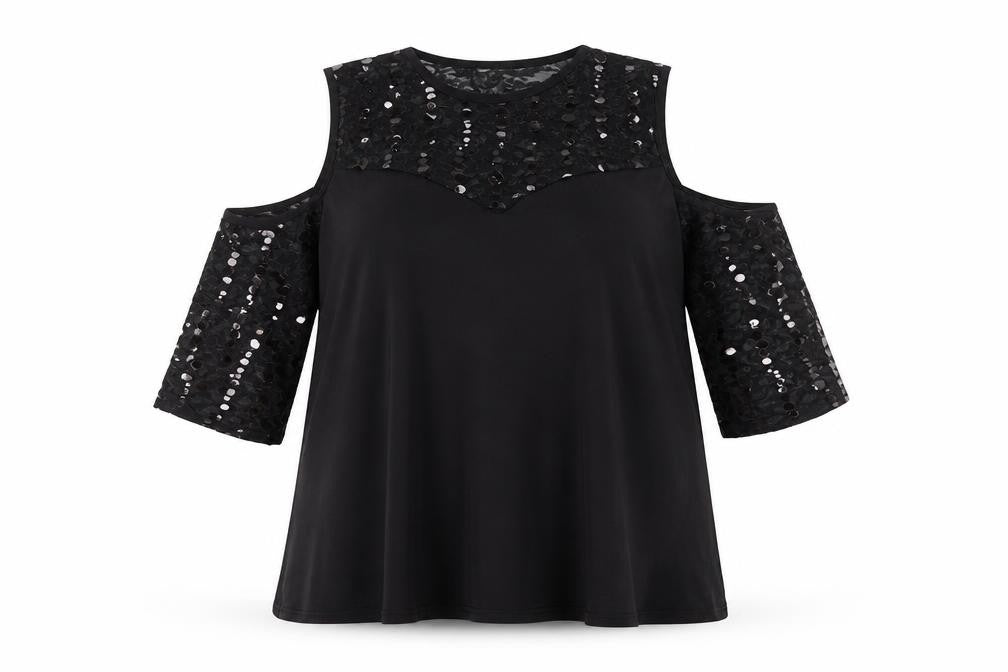 Bella Moda Women’s Black Plus Size 16 Tunic Blouse Sequin Lace 3/4 Sleeve
