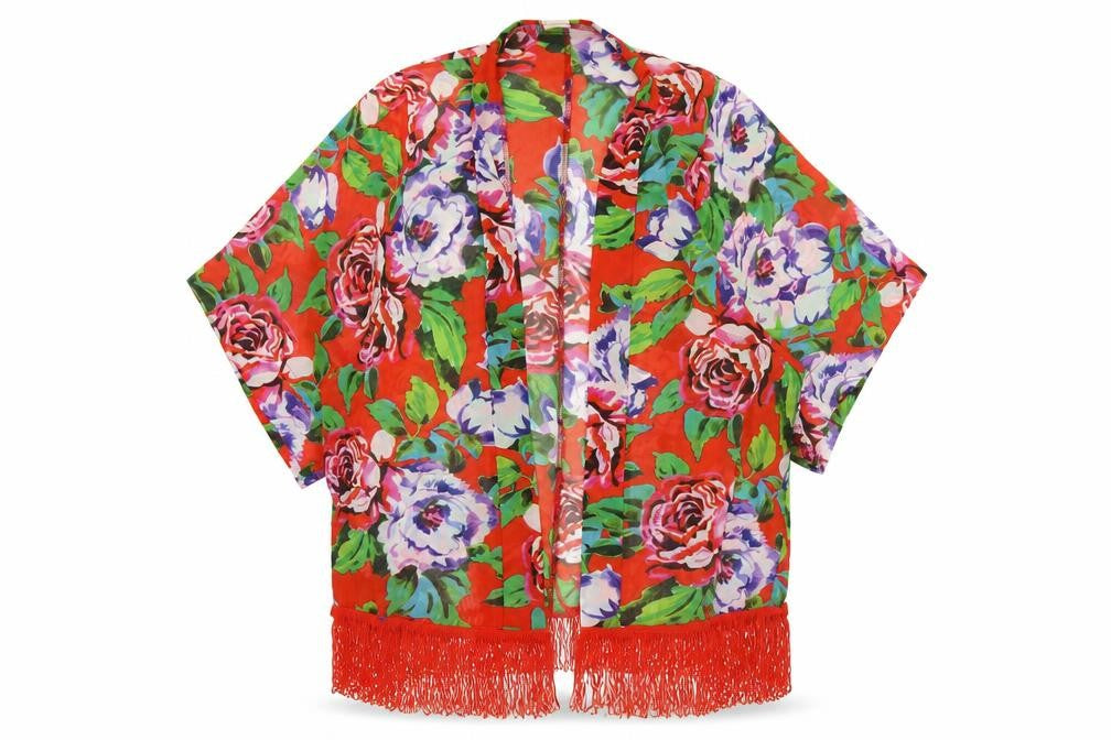 Avon Womens Multicoloured Floral Kimono Robe Size 16-18 Satin Fringe