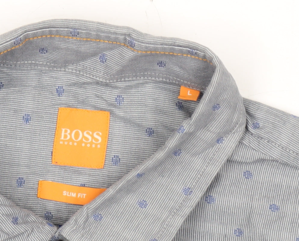 Hugo Boss Men’s Grey Polka Dot Slim Fit Cotton Shirt L Long Sleeve