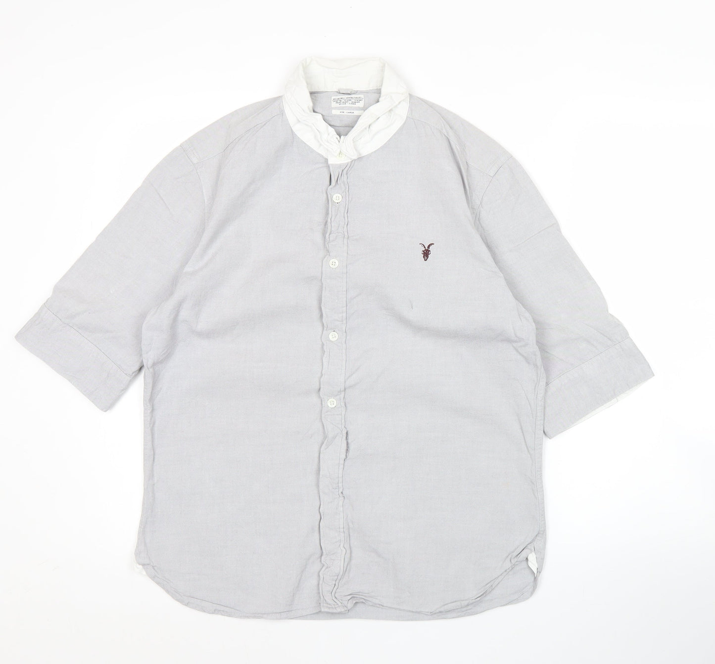 AllSaints Men’s Grey Oxford Perry Shirt L 3/4 Sleeve Cotton