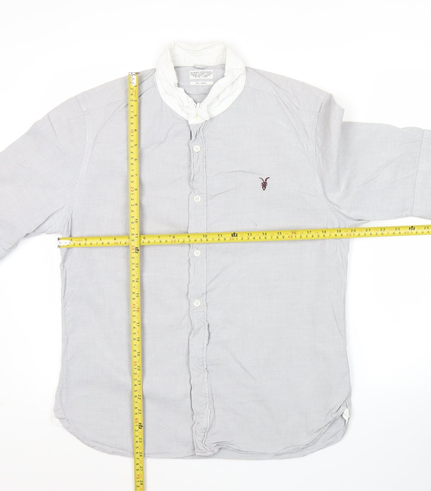 AllSaints Men’s Grey Oxford Perry Shirt L 3/4 Sleeve Cotton