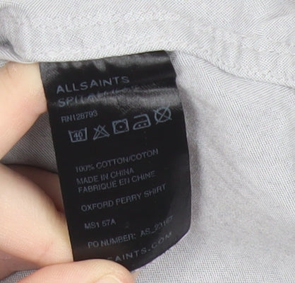 AllSaints Men’s Grey Oxford Perry Shirt L 3/4 Sleeve Cotton