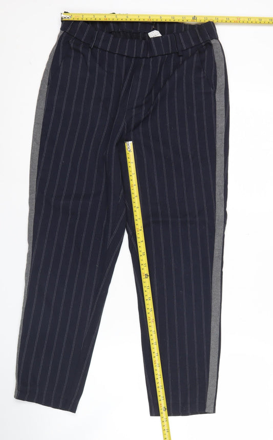 Zara Women Blue Striped Straight Trousers Size S Elastic Waist