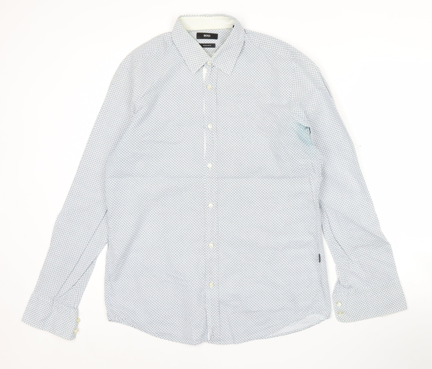 Hugo Boss Men Blue Geometric Regular Fit Long Sleeve Cotton Shirt M
