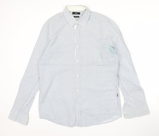 Hugo Boss Men Blue Geometric Regular Fit Long Sleeve Cotton Shirt M