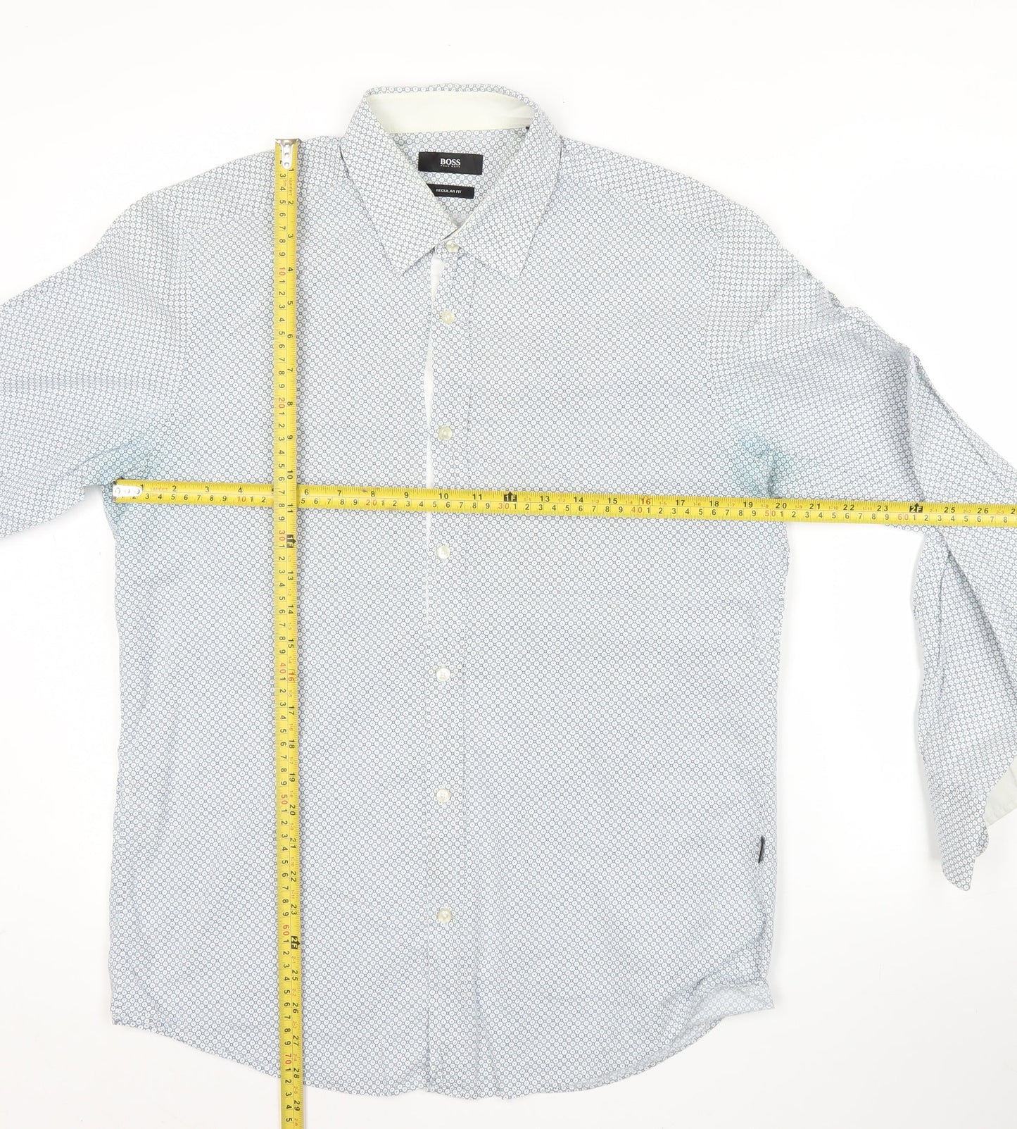 Hugo Boss Men Blue Geometric Regular Fit Long Sleeve Cotton Shirt M