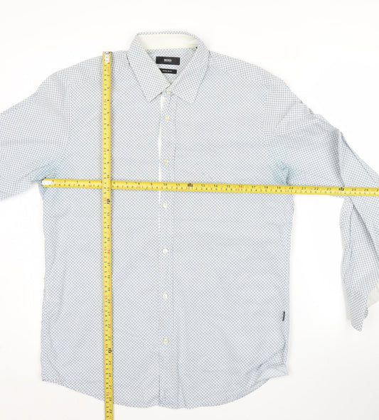 Hugo Boss Men Blue Geometric Regular Fit Long Sleeve Cotton Shirt M