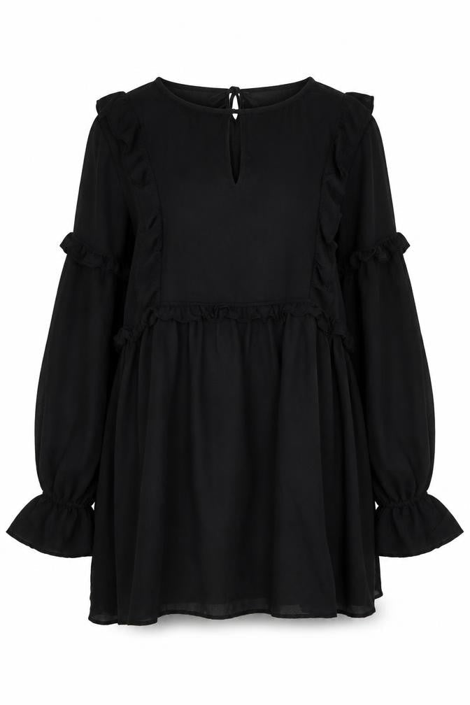Front view of In The Style Women’s Black, size UK 12, Shift Mini Dress Ruffle Long Sleeve