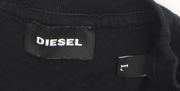 Diesel Mens Black T-Shirt L Graphic Logo Crew Neck Cotton