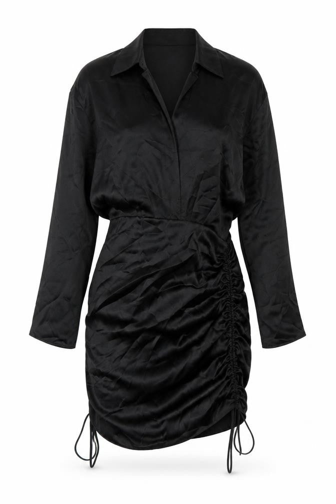 Zara Women Black Satin Shirt Dress Ruched Collared M Long Sleeve