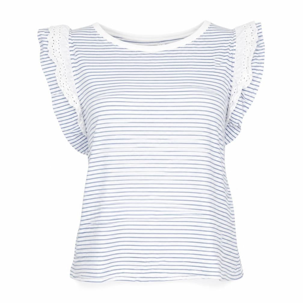 River Island Women White Blue Striped Ruffle Crochet T-Shirt Size 12