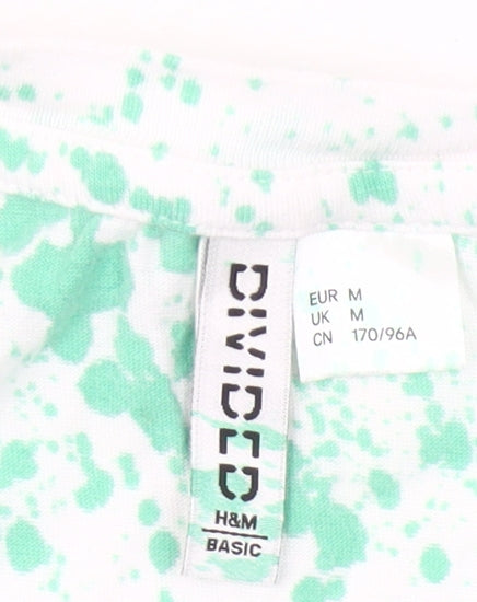 H&M Men’s White Green Splatter Print Cotton T-Shirt Size M
